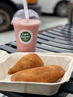 Quibe Queijo ($4), Coxinha ($4), and Dragonfruit & Mango Smoothie ($9)