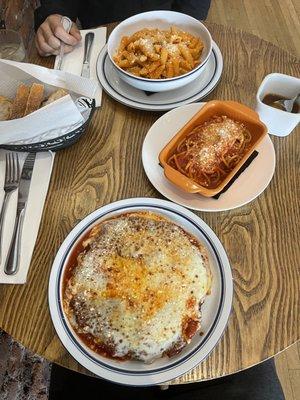 Chicken Parmigiana w/ Spaghetti  & Penne aka Vodka. Both are delicious!