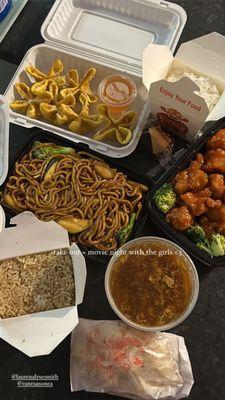 Crab Rangoons, White Rice, Orange Chicken, Fried Rice, Hot and Hot & Sour Soup, Vegetable Lo Mein