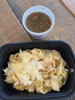 Fetuccine Alfredo with chicken and lentil soup