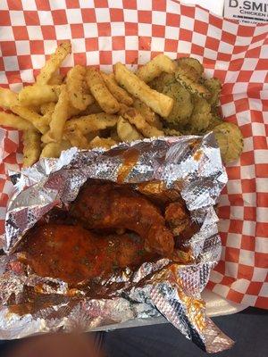 Fired pickles,fries and Buffalo chicken strips