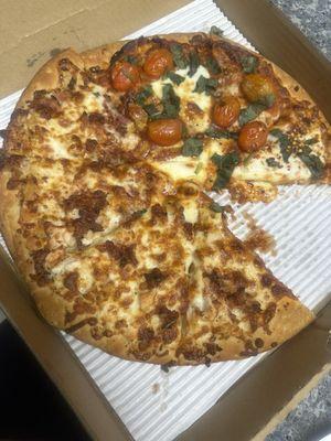 Margherita Pizza and chicken bacon ranch pizza