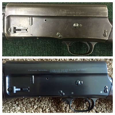 An FN Auto 5 shotgun I reblued at gunsmith school. This receiver took an entire week to polish.