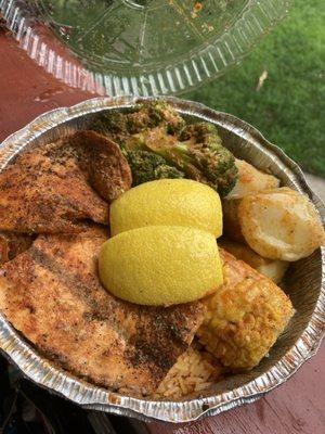 Salmon Dinner (baked + spicy) with potatoes, broccoli, corn, and lemon+butter on the side