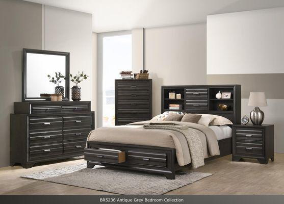 4 PC Antique Gray Bedroom Set with storage drawers