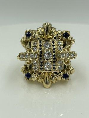 14K Yellow Gold Ring Set set with Natural Blue Sapphires & VS1-VS2 H-I Diamonds. Weight: 100g ! 
Custom Jewelry