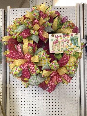 Beautiful handmade flip-flop wreath. Now available at the shop located at 295 Elm Rd NE in Warren, Ohio.