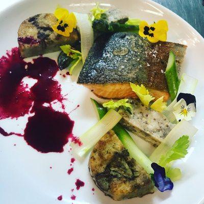 Arctic char, pan pudue (bread pudding), beet & red wine