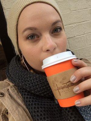 Enjoying a hot cocoa outside in 45 degree weather!