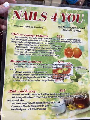 Menu page 1. I had the Deluxe Orange Pedicure, it was great and included a 5 minute neck and shoulder massage that was a nice touch.