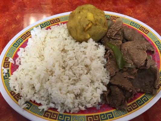 White rice with onion pepper steak and mofongo