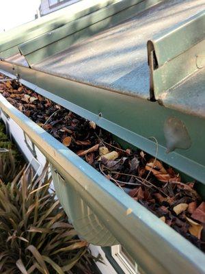 Dirty/full rain gutter-we can clean your gutters of debris