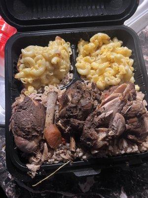 Jerk chicken, Mac and cheese, rice and peas