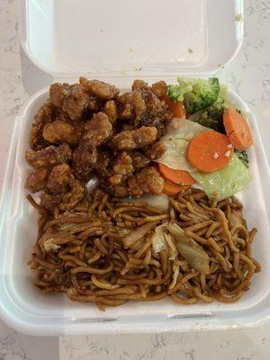 Signature dish combo - orange chicken, spicy noodles and veggies