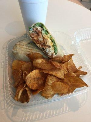 Buffalo chicken wrap and Old Bay chips