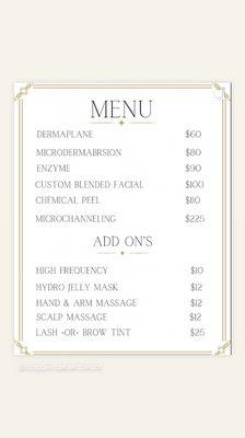 Menu of facials, add-ons, and waxing services