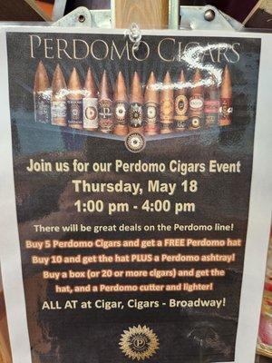 Join us today for our Perdomo Cigar event.  John Converse from Perdomo Cigars will be here