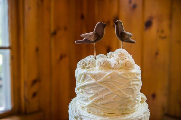 Twiggy Cake with pink champagne and vanilla tiers.  Balsa wood flowers with wood birds.