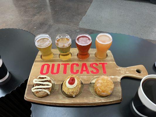 Doughnut and beer flight. (L to R) Doughnuts: NAFTA, Fried Ice-cream, How you like them apples?