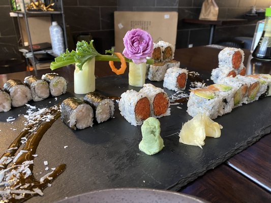 Yellow tail roll, mixed fish, Alaskan, and spicy tuna