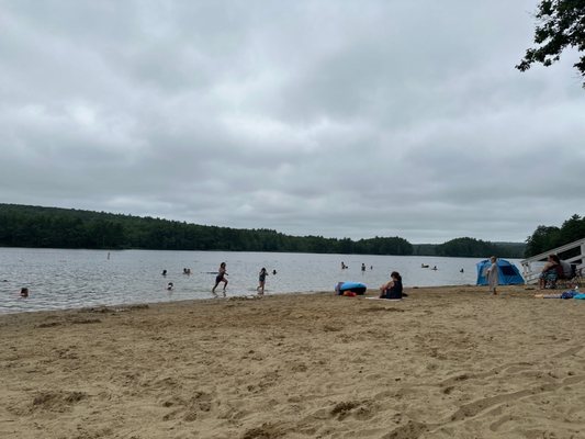 Kids, water, sand, trees, lifeguard stairs