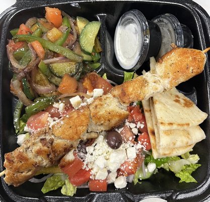 Chicken Souvlaki Platter w/ Grilled veggies and small Greek salad