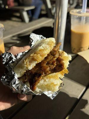 Classic BBQ Pork Burger,  Thai Iced Tea with boba