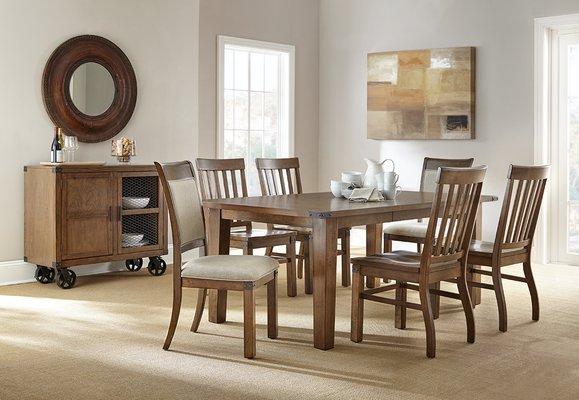 Industrial style farmhouse dining table and 6 upholstered chairs with wood accent is a great addition to your dining room!