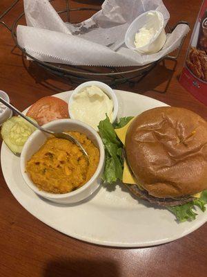 Burger and Family Size Sweet Mashed Potatoes