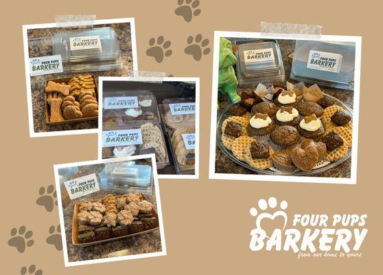 Packaging of Four Pups Bakery's Treats. All different sizes of orders.