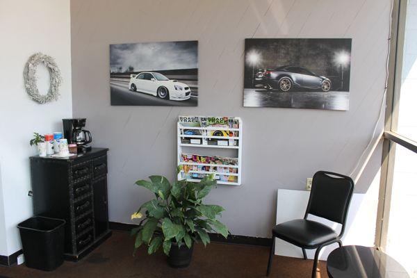 Waiting area with fresh coffee and magazines.