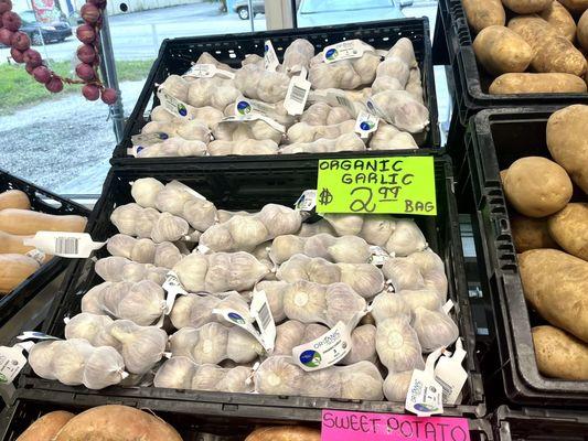 Organic garlic and tons of other organic finds like kale, greens, etc., and many organic fruits (see photos).