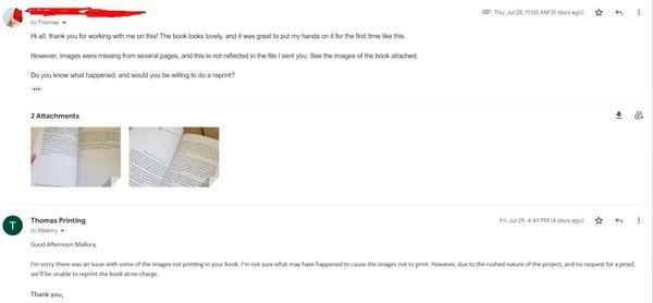 Email exchange with Tammy from Thomas Printing.