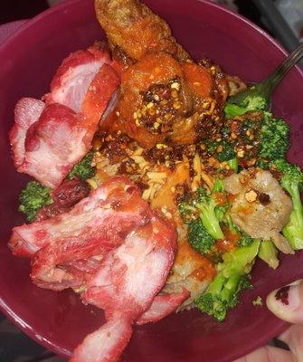 BBQ Pork, beef and broccoli, spicy chicken wings and noodles with chili oil