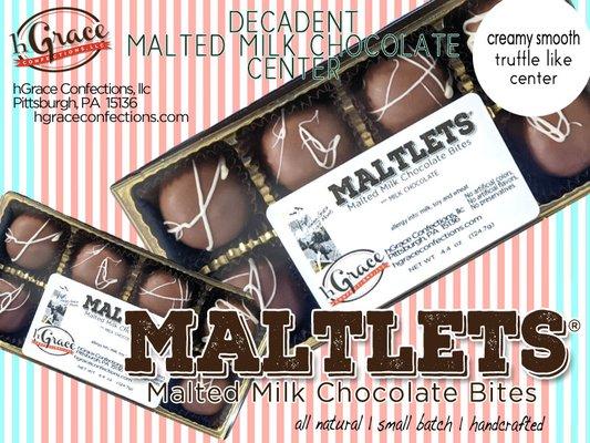 Creamy smooth MALTLETS® malted milk chocolate bites, crafted-in milk chocolate or velvety 72% dark chocolate.