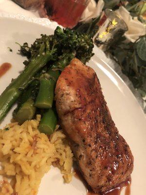 Pan seared salmon with pilaf and garlic rosemary broccolini