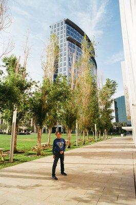 Me in front of Baker Hostetler's building, June 28, 2019, at start of my round trip walk to Santa Ana Zoo.