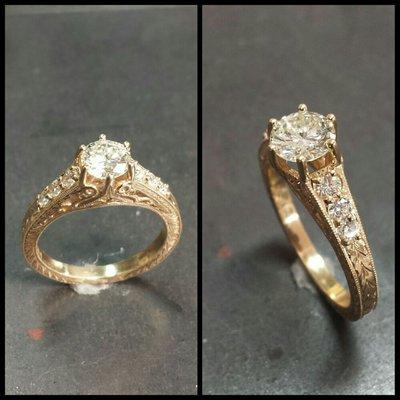 Custom 18k hand engraved  Edwardian engagement ring