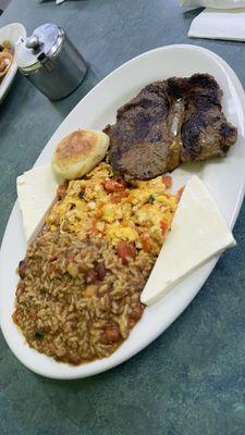 Eggs, rice and beans and steak