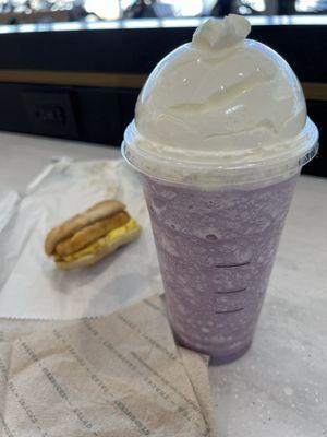 Maple chicken sandwich and a lavender creme frappucino