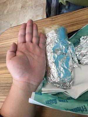 Their burrito size compare with my hand. And the actual stuff inside itself is even smaller consider its been wrapped