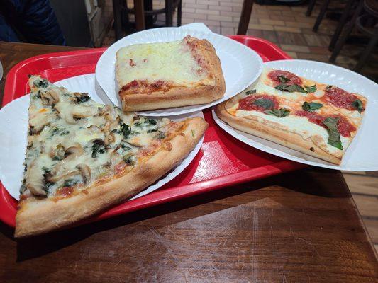 Spinache/mushroom pizza, Sicilian pizza, grandma's pizza