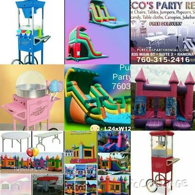 Snowcone, popcorn, and cotton candy machines, water slides, tables, chairs, jumper, bounce house, jump w/slide, linens rental in ramona ca.