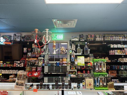 Hookahs, grinders, flower, ash trays