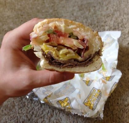 Surf & Turf with red onions, tomatoes, bell peppers, and spicy mayo.