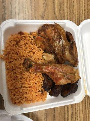 Roasted chicken, rice and beans, and plantains!!