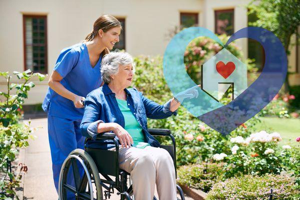 Companions-in-caring- personnel-assisting-happy- senior-resident-outside-the-home-garden