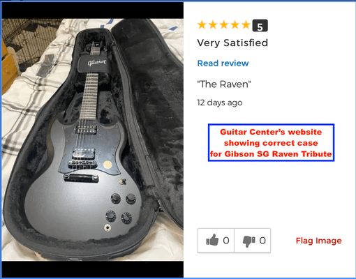 Guitar Center's own website showing correct case for Gibson SG Raven Tribute.