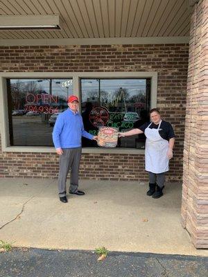 Today Matt Coyne of Matt Coyne State Farm ordered 12 large pizzas from us and delivered them to feed the clients at the Haven of Rest.