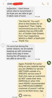 Texts from Celia #NaplesHomeInspectors Telling me "Its too Far Out" for them to drive to #GGE #NaplesFL to Do a #HomeMoldInspection